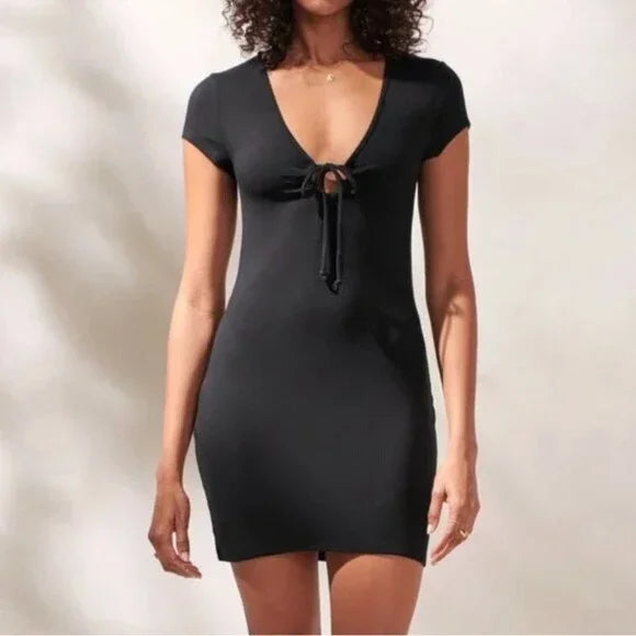 Tie-Front Ribbed Mini Dress